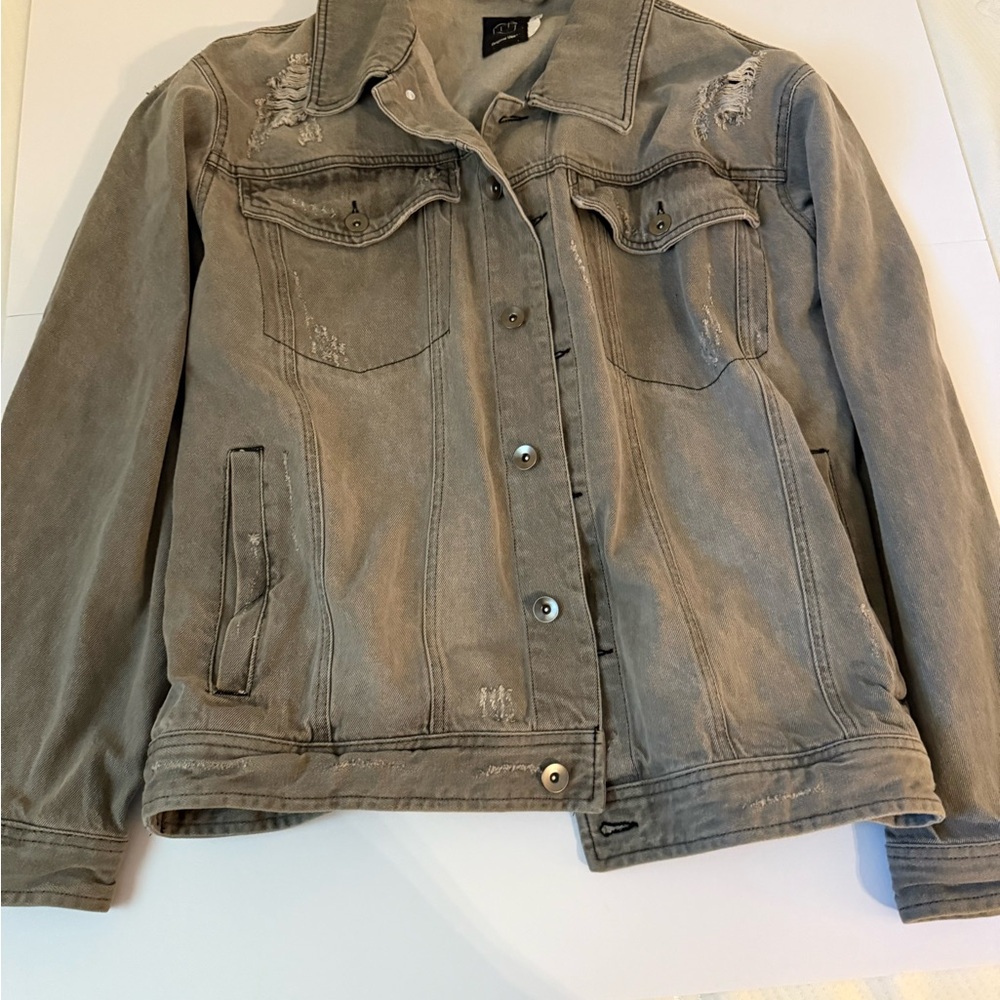 Original Use Distressed Taupe Denim Jacket